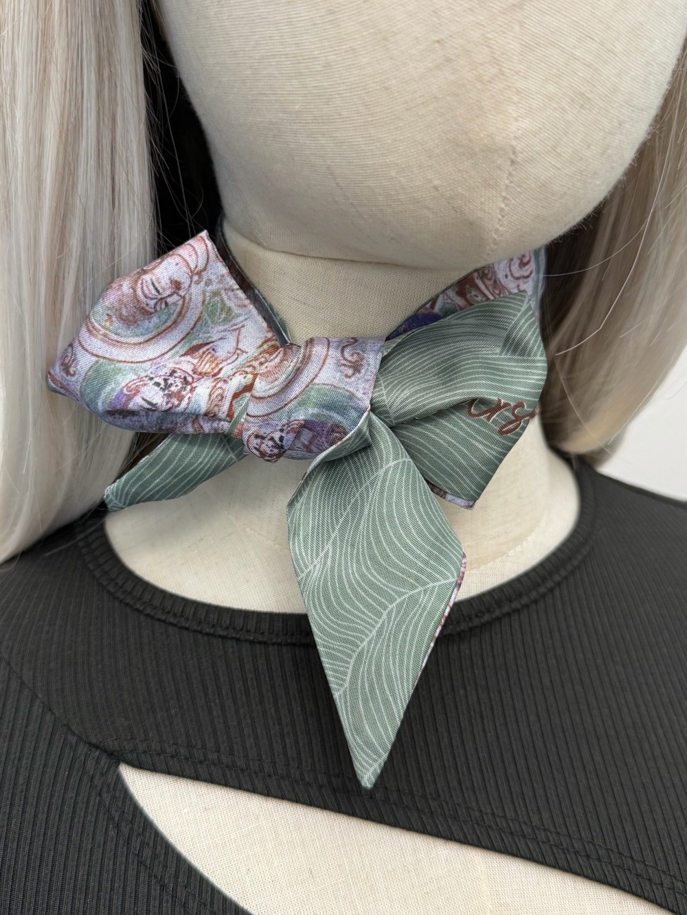 Buddha India Art Twilly Scarf Green Boho Hair Ribbon Neck Scarf Spiritual